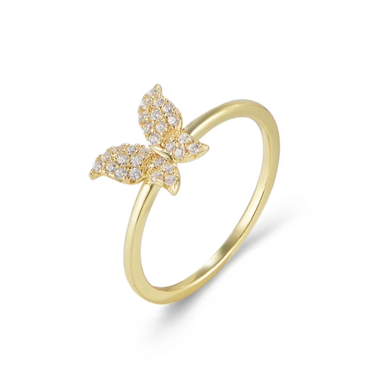 Moda banhado a ouro zircão cúbico borboleta anel feminino meninas 925 prata esterlina jóias logotipo personalizado borboleta cocktail anel
